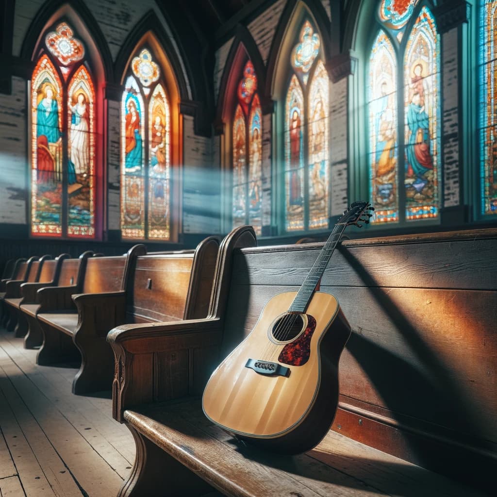 Guitarra acústica apoyada en un banco de madera dentro de una iglesia, iluminada por la luz colorida de los vitrales, simbolizando la armonía entre la música y la espiritualidad.