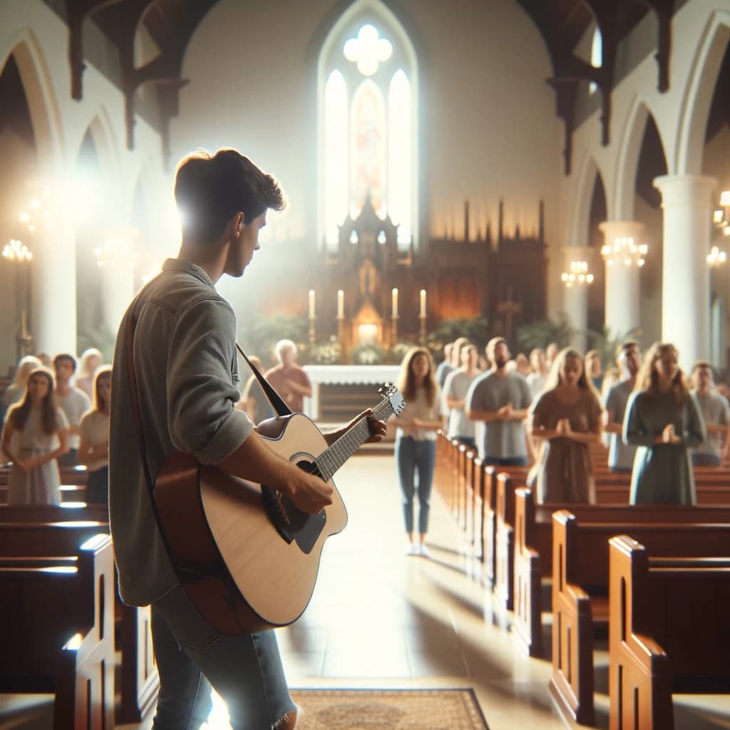 Guitarrista activo tocando en un grupo de alabanza dentro de una iglesia, con miembros de la congregación en el fondo bajo la luz suave de los vitrales.