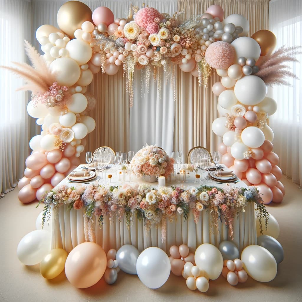 Elegante decoración de mesa con globos en tonos pastel, mostrando técnicas de agrupación, guirnaldas y ramos de globos, preparada para un evento profesional o celebración.