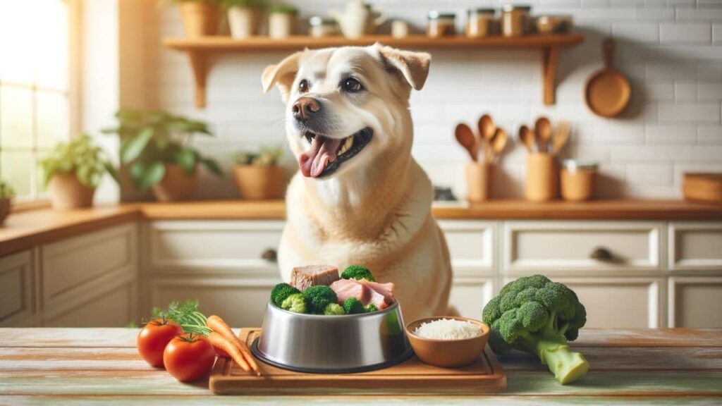 Perro alegre en cocina acogedora disfrutando de comida casera con verduras, carne y arroz, representando la alimentación saludable y el cuidado en la nutrición canina.