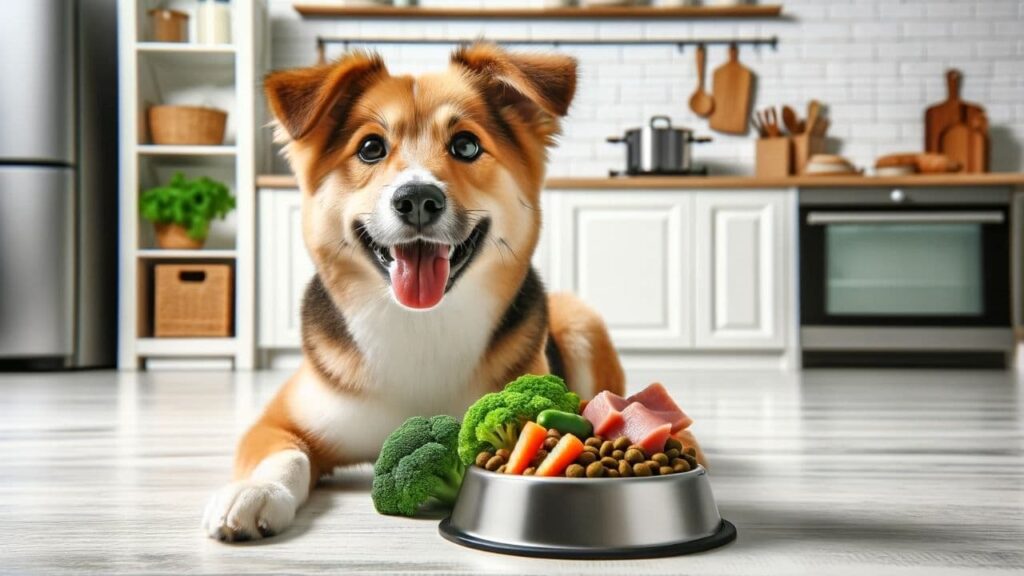 Perro contento junto a un cuenco de comida saludable, destacando una dieta nutritiva para mascotas.