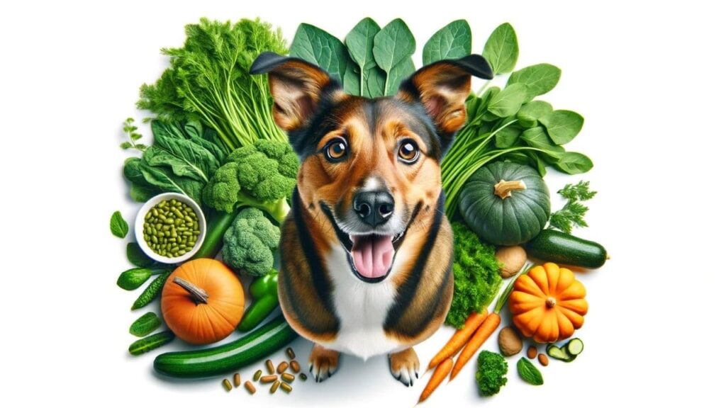 Perro radiante con pelaje brillante y ojos vivaces, rodeado de alimentos ricos en vitaminas y minerales como verduras de hoja verde, zanahorias y calabazas, simbolizando una dieta equilibrada y rica en nutrientes esenciales