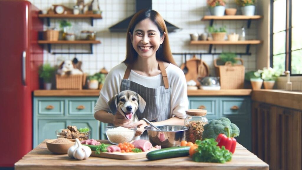 Persona en cocina preparando con amor comida de perro con verduras frescas, carne magra y arroz, en un ambiente hogareño y luminoso, reflejando dedicación a la nutrición canina.